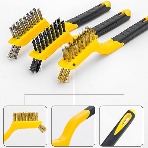 Wire Brushes 3Pcs, Nylon/Brass/Stainless Steel Bristles with 7in Handle - color: 3 PCS YELLOW