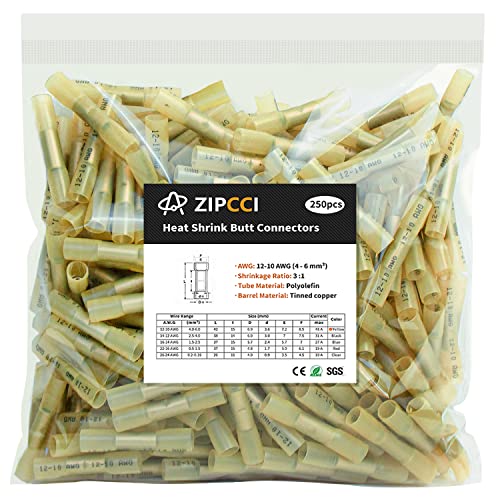 12-10 AWG Heat Shrink Butt Connectors, 250Pcs Yellow Waterproof Crimp Electrical Wire Connectors Splice Marine Automotive Cable Wiring Terminals - size: AWG 12-10 [250PCS]
