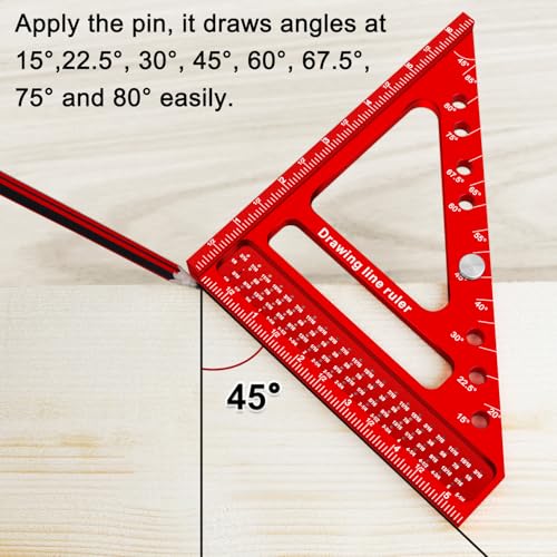 Large Carpenter Square 6.5''x5.79''Protractor Ruler with 3D Multi-Angle Measuring and Scribing Features with Anti-Lost Pin for Accurate Woodworking & Construction - color: Red