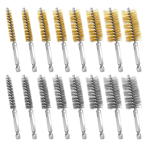 16 Pcs Wire Brush Set for Drills, Stainless Steel and Brass Bore Cleaning Brushes with 1/4" Hex Shank, Compatible with Power Drills, Grinders, and Impact Drivers (8-25mm) - color: 16PCS Gold & Silver