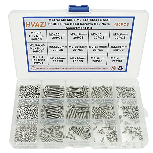 480PCS M2 M2.5 M3 304 SS Phillips Pan Head Machine Screws & Nuts Kit | Fully Threaded 4–20mm 304 Stainless Steel Metric Fasteners for PCB Arduino Raspberry Pi Electronics DIY with Storage Box - size: M2/M2.5/M3