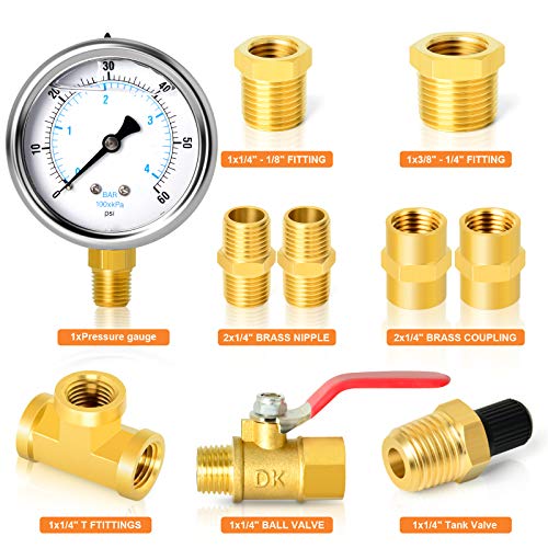 GASHER 10PCS Pipe Fitting Kit, Brass, 1/4" - 1/8" & 3/8" - 1/4" Fittings, T Fitting, Ball Valve, Pressure Gauge 0-60PSI - style: Pressure Gauge Kit（10Pcs）