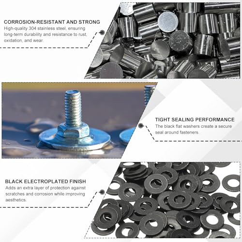 PATIKIL 10# Flat Washers 1/4" ID x 1/2" OD, 100 Pcs 304 Stainless Steel Metal Washers Black Electroplated Flat Gasket Spacer for Screws and Bolts, Black - size: 1/2 x9/16"ID x 1"OD
