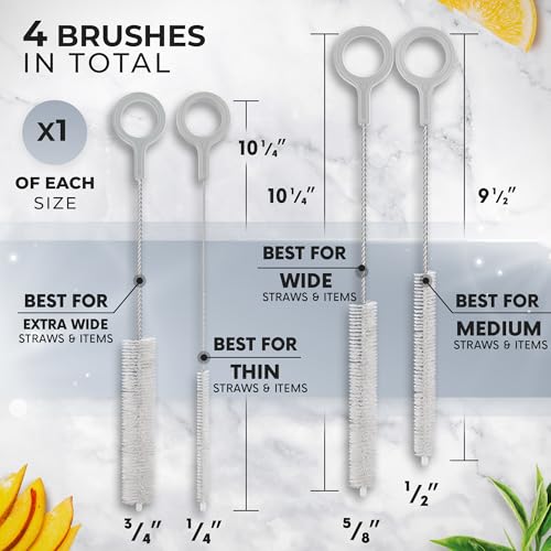 Buenalife Heavy Duty Cleaning Brushes Set of 4 - Extra Long Straw Cleaners for Metal and Plastic Reusable Drinking Straws, to Clean Small Spaces, Sippy Cups, Water Bottles - Sturdy Hard Brush Bristles - color: Gray