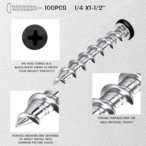 Blulu 100 Pcs Drywall Anchors 1/4 X 1-1/2 Inch Black Self Drilling Screws - color: Black, size: 1/4 x 1-1/2 Inch
