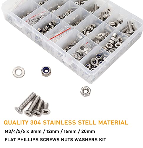 1020pcs M3 M4 M5 M6 Flat Phillips Countersunk Head Machine Screws Bolts Nuts Washers Assortment Kit, 304 Stainless Steel, Silver Tone - size: M3 M4 M5 M6 1020pcs (Countersunk Head-304)