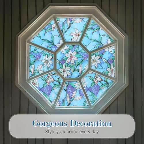 rabbitgoo Stained Glass Window Privacy Film, Blue Lily, 17.5" X 78.7" | Anti UV Heat Blocking Frosted Glass Static Cling Removable, for Bathroom, Bedroom, Living Room - color: Blue Lily, size: 17.5" x 78.7"