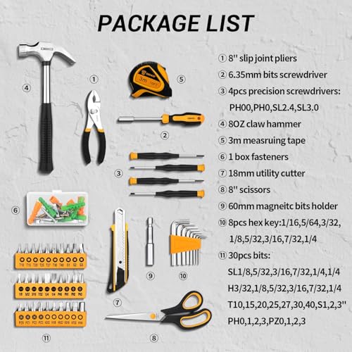 DEKOPRO General Household Hand Tool Kit with Plastic Toolbox Storage Case, All Purpose Home Tool Kit Includes Essential Tools for Office College Repairs, 50 Piece - color: Yellow