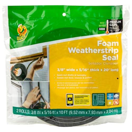 Duck Brand Self Adhesive Foam Weatherstrip Seal for Extra Large Gaps, 20 Total Feet, Window and Door Seal Strip Foam Tape, 3/8-Inch Wide x 5/16-Inch Thick x 10-Feet Long, 2 Rolls, Charcoal (285645) - size: Medium Gaps
