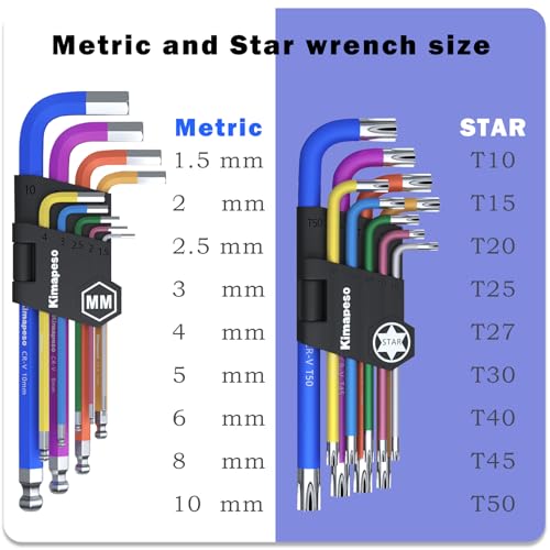 18 PCS Allen Key Set Torx and Metric Allen Wrenches Set Long Arm Ball End with T-Handle L-Hex Key Set Metric Hex Key Set 1.5 to 10mm Torx Star Key Set T10 to T50 - size: 18PCS Torx Metric