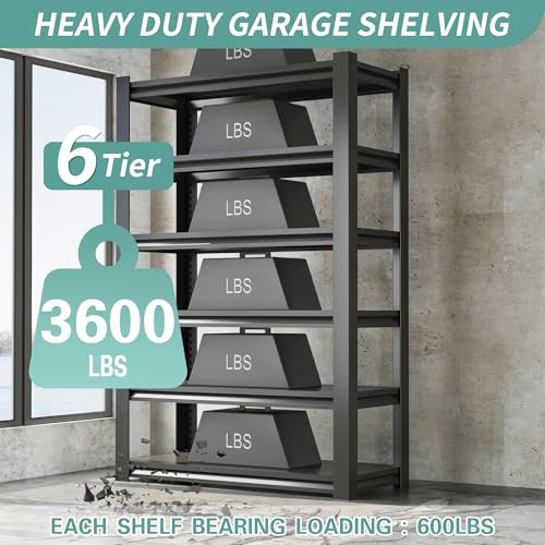 82" H Garage Shelving, 6 Tier Adjustable Heavy Duty Storage Shelves, 2500Lbs Capacity, Powder Coated Metal, Industrial Style, Suitable for Garage, Basement, Workshop - color: Black, size: 17.99"D*48.03"W*82.48"H