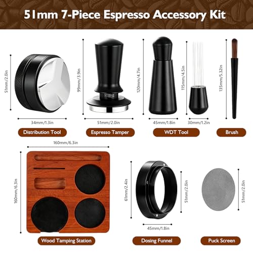 Espresso Accessories Kit 51mm 7-Pcs Espresso Tools Kit Coffee Tamper Set - size: 51 mm