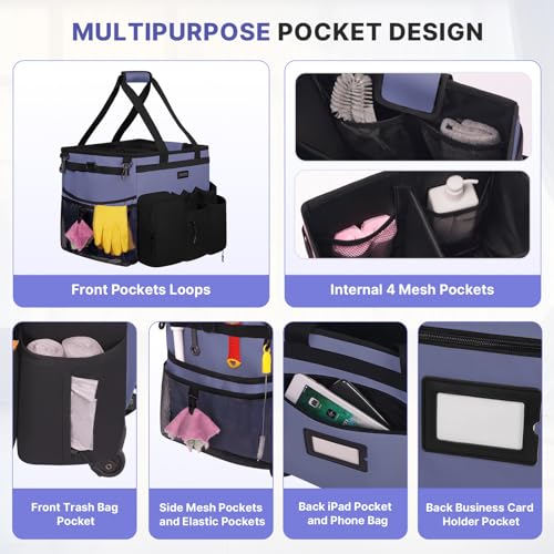 JKAOO Large Rolling Cleaning Caddy Bag with Detachable Trolley, Denim Blue - color: Denim Blue