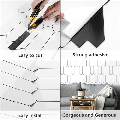Vamos Tile Glossy White Backsplash Tile Peel and Stick, 12.8 x 12.8 Inch 10 Sheets Long Hexagon PVC Self Adhesive Mosaic Wall Tiles Stick on Backsplash for Kitchen and Bathroom - color: Glossy White with Dark Gray Grout