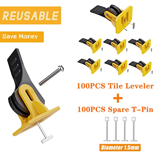 Tile Leveling System Kit Tile Spacers 100pcs Reusable Leveler+Extra 100pcs Replaceable Steel Pin Tlie Tools Installation Set Floor Leveling Compounds 1/8", New Adjustable Fit 8-12mm Tile - color: 100 Pcs