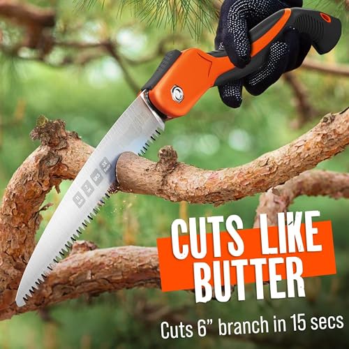 Folding Camping saw 11 Inch - Heavy Duty Pruning Saw with Triple-Cut SK5 Blade, 7 TPI Razor Teeth for Tree Trimming, Wood Cutting, Camping, Bushcraft, and Gardening - size: 11 INCH (Orange)