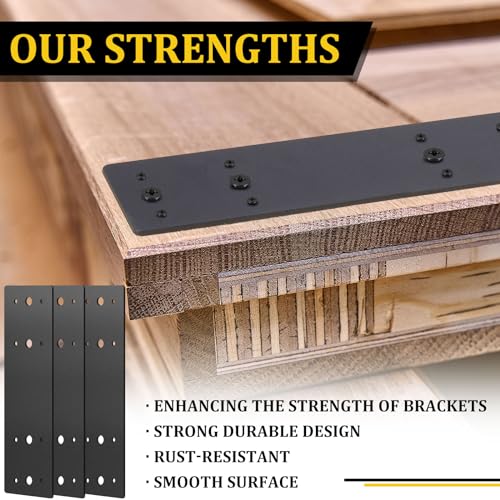 Tandefio 6 Pcs 10" x 3" Straight Steel Flat Plates Black Metal Mending Plate with Hole Fixing Joining Bracket with 72 Pcs Screws for Wood Furniture, Repair House, Pavilion, Truss Framing