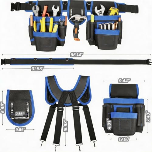 Magnetic Tool Belt, Heavy Duty Tool Pouch for men Magnet Holster Nail Utility Toolbelt Adjustable Waist Holder for Handyman Contractor (26 pockets with suspenders) (Blue) - color: Blue