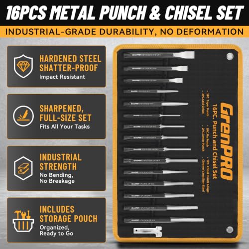 GRENPRO 16‑Piece Heavy Duty Punch Chisel Set, 40CrV with Storage Pouch