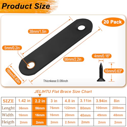 20 Pack Black Flat Bracket Straight Brace, 2.2 x 0.63 inch - color: Black, size: 20 Pcs / 2.2 x 0.63 in