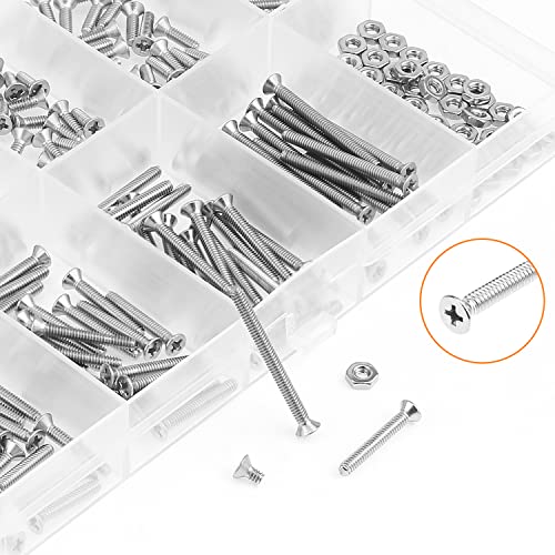 HELIFOUNER 240 Pieces #2-56 Phillips Countersunk Head Machine Screws Nuts Assortment Kit, Coarse Thread, Fully Machine Threaded, 304 Stainless Steel - size: #2-56