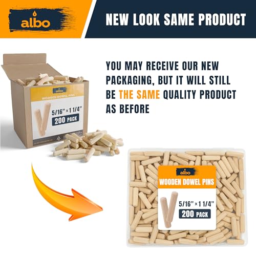 ALBO Wooden Dowel Pins 5/16 x 1 1/4 inch Fluted Wood Dowels Rods 200 Pack Hardwood Crafts Dowel Pegs - size: 5/16" x 1 1/4"- 200Pcs