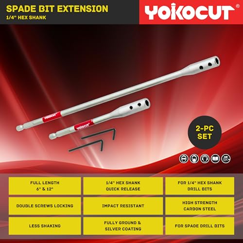 Drill Bit Extension Set, 6 and 12 Inches 1/4 Hex Shank Extension for Spade Bits, 2X Hex Key Included, Wood Spade Drill Bit Extension - style: 4pcs Spade Drill Bit Extension with Hex Key