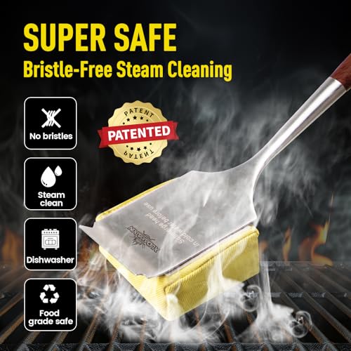 Bristle-Free Steam Cleaning Grill Brush — Features an Extended Luxurious Rosewood Handle and a Unique Wavy pad that Seamlessly fits cast Iron and Stainless Steel grates - color: Aramid Fiber Steam Grill Brush