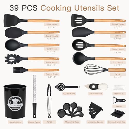 Astercook 39 PCS Kitchen Utensils Set, Silicone Cooking Utensil Sets with Wooden Handle, 446°F Heat Resistant Food Grade Spatula Set, BPA Free Kitchen Gadgets Tools Set & Spoons for Nonstick Cookware - color: Black