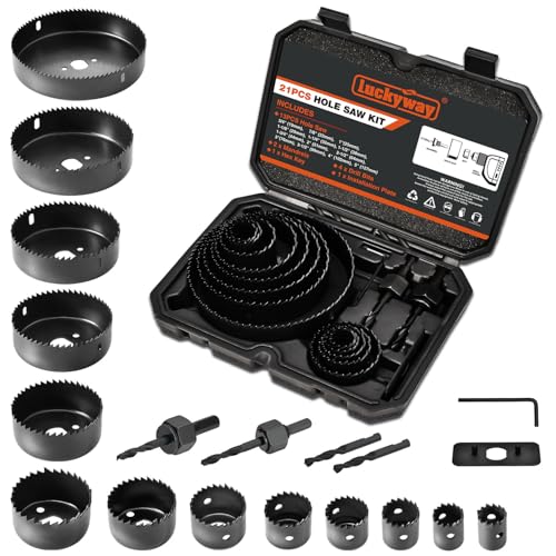 Luckyway Hole Saw Kit, 21-Piece Hole Saw Set, 3/4" to 5" Hole Saws Drill Bits Hole Cutter Kits with Storage Case for Soft Wood, Plastic, PVC and Drywall - size: 17-Piece Hole Saw Set