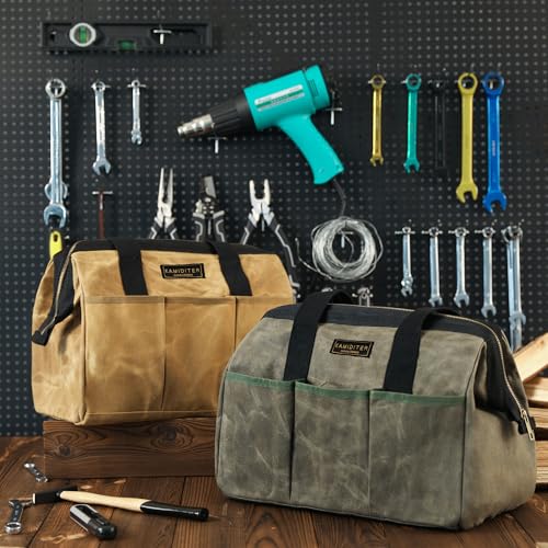 15 Inch Tool Bag, Heavy Duty Wide Mouth Water-Resistant Tool Bag, Tool Tote with Handle for Tools, Wrenches, Screwdrivers (15 X 7.8 X 11.5 inch) | ArmyGreen - color: ArmyGreen, size: 15 Inch