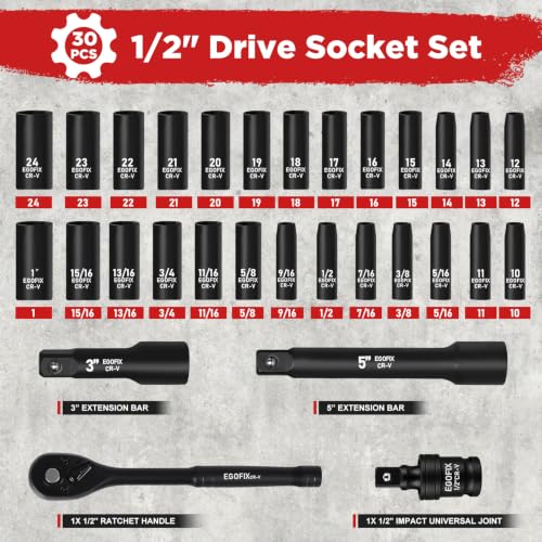 1/2" Impact Socket Set 30 Piece, SAE (5/16 to 1inch) and Metric (10-24mm) 6 Point, with Ratchet Wrench, Extension Bars, Impact Universal Joint, Storage Box, for Auto Repairing and Household - color: 1/2-30pcs