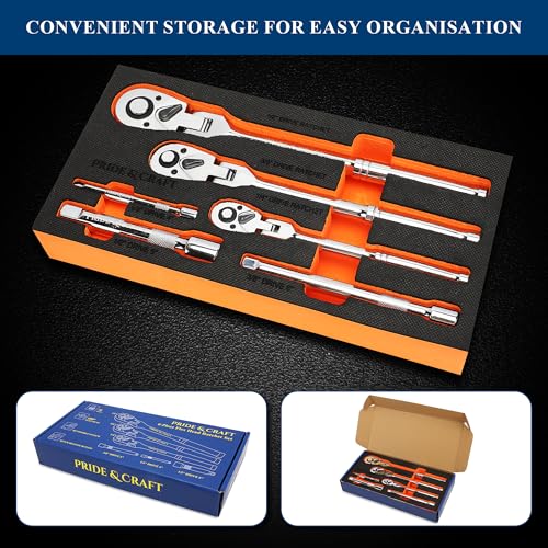 PRIDE&CRAFT 6-Piece Flex Head Ratchet Set, 1/4", 3/8", 1/2" Drive 72-Tooth Swivel Head Ratchet Wrench with Extension Bars, Quick Release Reversible Socket Wrench, EVA Organizer - style: 6pc Flex Head