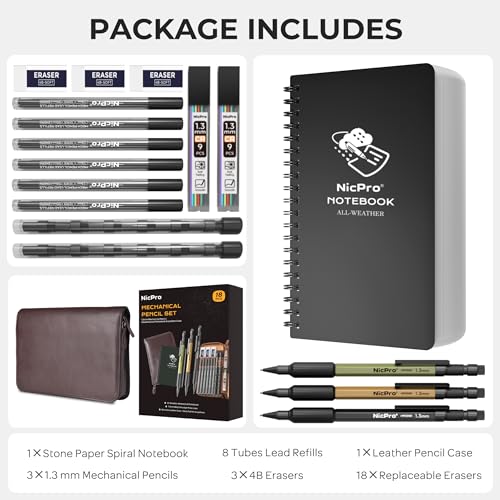 Nicpro 1.3mm Mechanical Pencil Set with Waterproof Field Notebooks - color: Multicolor with Notebook