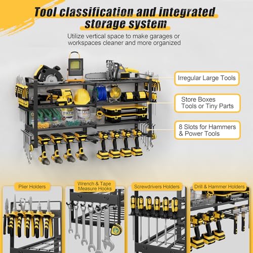 4-Tier Power Tool Organizer Wall Mount, 450LBS Capacity, 8 Drill Holders - size: 32.8" Width 4-Tier