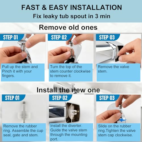 2 Set Universal Tub Spout Diverter Repair Kit Parts, Includes 2 x Diverter Valve Stems, 2 x Cup Seals and 2 x Gates, Bathroom Shower Bathtub Leaky Faucet Repair Replacement Parts (Classic,Chrome)