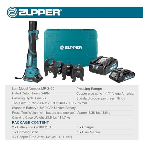 ZUPPER Compact Press Tool Kit for 1/2" to 1-1/4" Copper Pipes - style: MP-2430 (kit with 4 VUS Copper Press Jaws 1/2" to 1-1/4")