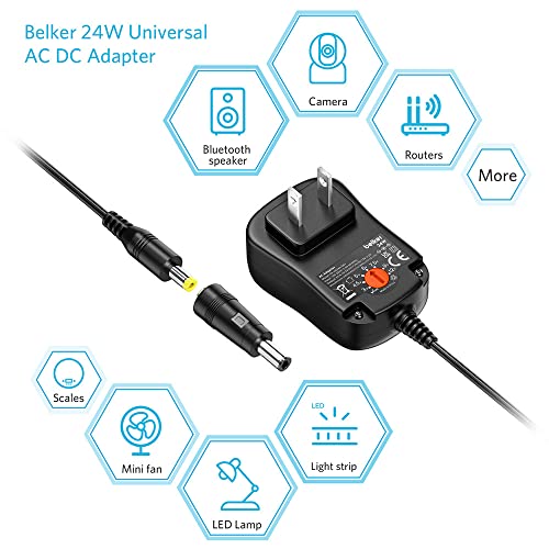 Belker 24W Universal 3V 4.5V 5V 6V 7.5V 9V 12V AC DC Adapter with 8 Tips