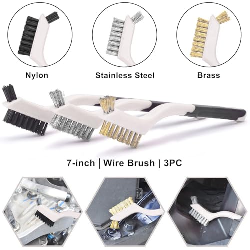 3pcs Wire Brush Set Nylon Brass and Stainless Steel Bristle Brushes with Curved Nonslip Handle for Rust Paint Dirt and Grime Removal Heavy Duty Cleaning Tool 7 Inch White