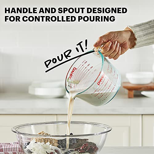 Pyrex 4 Cup Glass Measuring Cup For Baking and Cooking | Preheated oven, dishwasher, freezer, and microwave safe - size: 4 Cup
