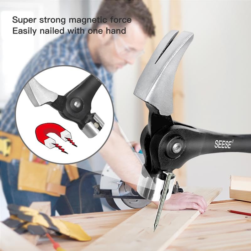 SEESE Adjustable Nail Puller Hammer: Magnetic Nail Starter, Anti-Slip Shock-Absorbing Handle - Claw Hammer for DIYers in Workshop, Construction & Remodeling