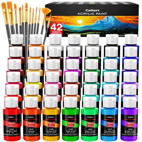 Caliart 42 Colors Acrylic Paint Set with 12 Brushes - color: Regular, size: 2 Fl Oz (Pack of 42)