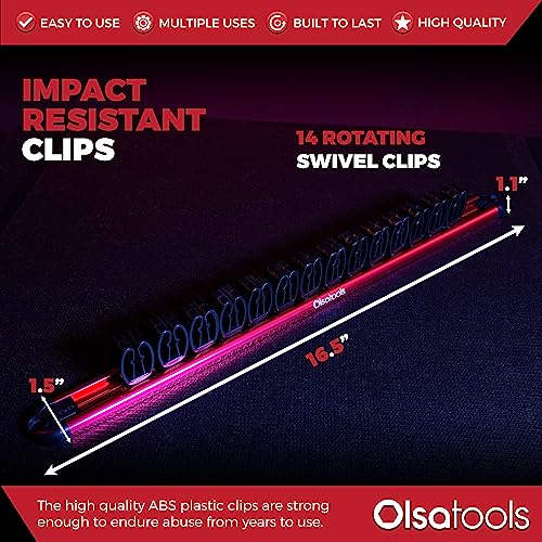 Olsa Tools Wall-Mounted Wrench Rack - Red Anodized Aluminum Rail with Black Clips - Stores 14 SAE or Metric Wrenches Securely - Professional Organizer - Part: 1028 - style: Red Aluminum + Black Clips