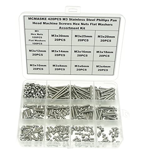 420PCS M3 Phillips Pan Head Machine Screws Nuts Flat Washers Kit,304 Stainless Steel,Screws Length:4mm to 30mm - size: M3