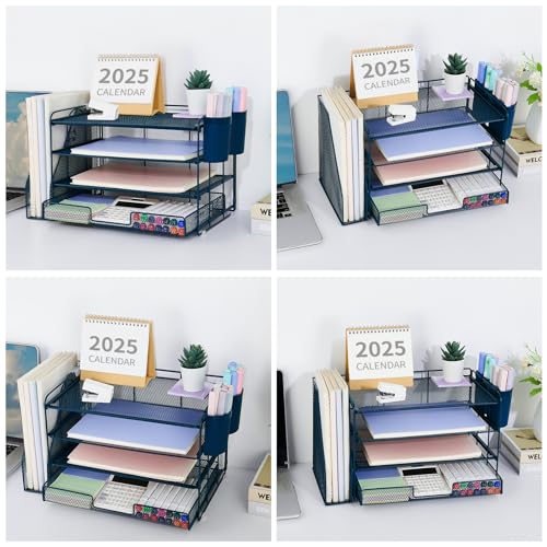 OPNICE Desk Organizer, 4-Tier Desktop File Organizer with Drawer and Pen Holders, Office Desk Accessories, File Sorters, Workspace Organizers for Office Supplies(Dark Blue) - color: Dark Blue, size: 4T