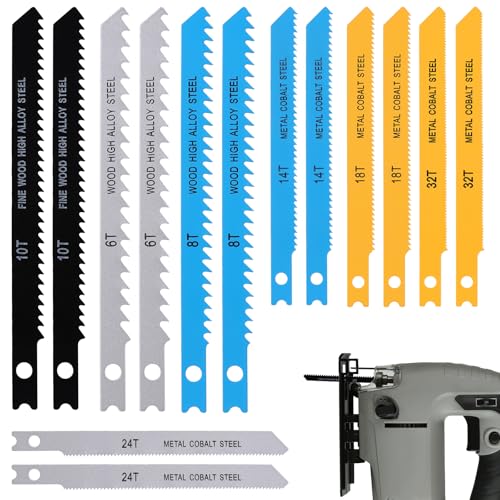 14 PCS U-Shank Jig Saw Blade Set, Jigsaw Blades for Wood Plastic Metal Cutting Fit Vast Majority U Shank Jigsaws Jigsaw Blades Set Includes 6T 8T 10T 14T 18T 24T 32T