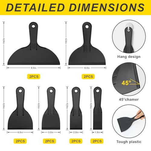 15 Pack Plastic Putty Knife Set - 12 Flexible Plastic Paint Scraper Tool and 3 Detail Scraper Tool for Spackling, Repairing Drywall, Removing Wallpaper, Applying Mud or Plaster