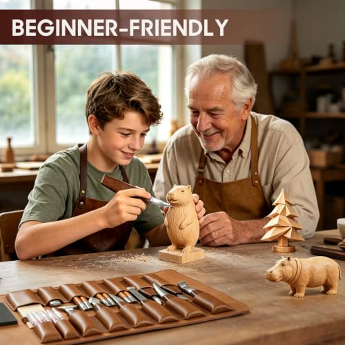 Deluxe Wood Carving Kit,40Pcs Wood Carving Tools with Leather Storage Bag - color: Walnut Brown- 40 Pcs