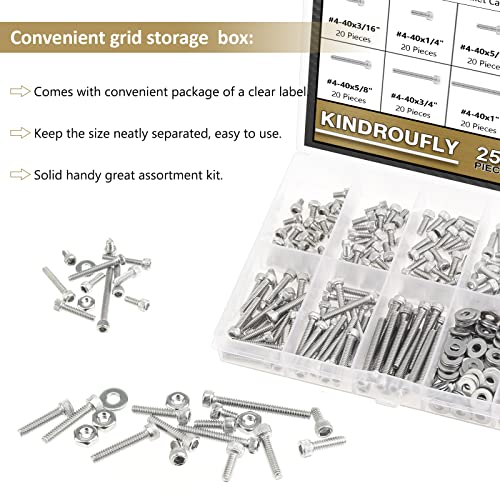 252 Pieces #4-40 x 3/16", 1/4", 5/16", 3/8", 1/2", 5/8", 3/4", 1", Hex Socket Head Cap Screws Nuts Washers Assortment Kit, 304 Stainless Steel, Fully Machine Thread - size: #4-40, style: Socket Head