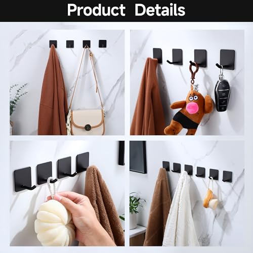 DELITON 6 Pack Towel Hooks for Hanging, Adhesive Hooks Stick on Wall for Bathroom Kitchen Heavy Duty Stainless Steel, Black - color: Black-6